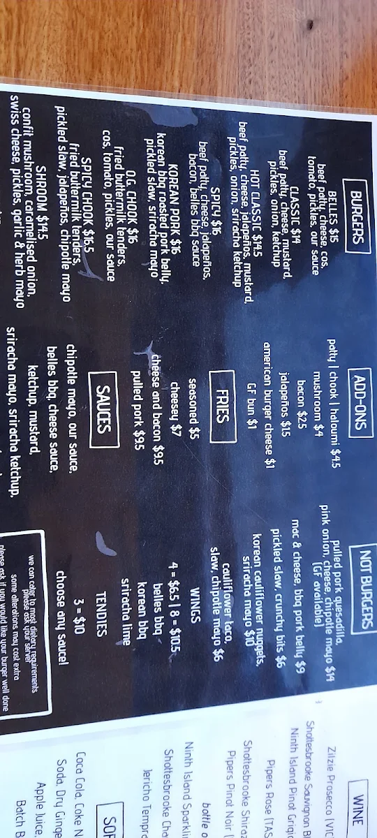 Menu, Belles Burgers