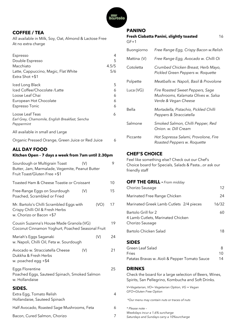 Menu, Mr Bartolo Richmond