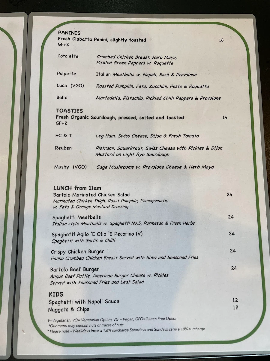 Menu, Mr Bartolo Richmond