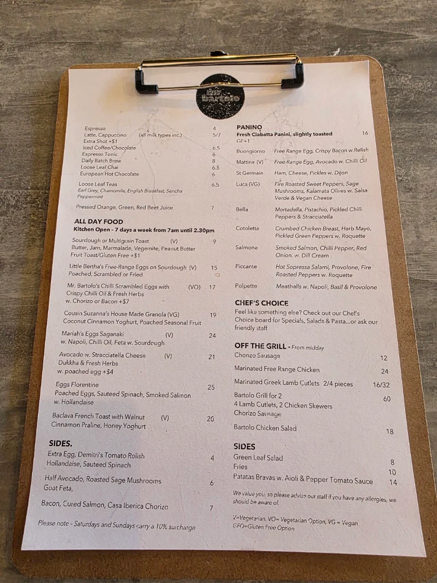 Menu, Mr Bartolo Richmond