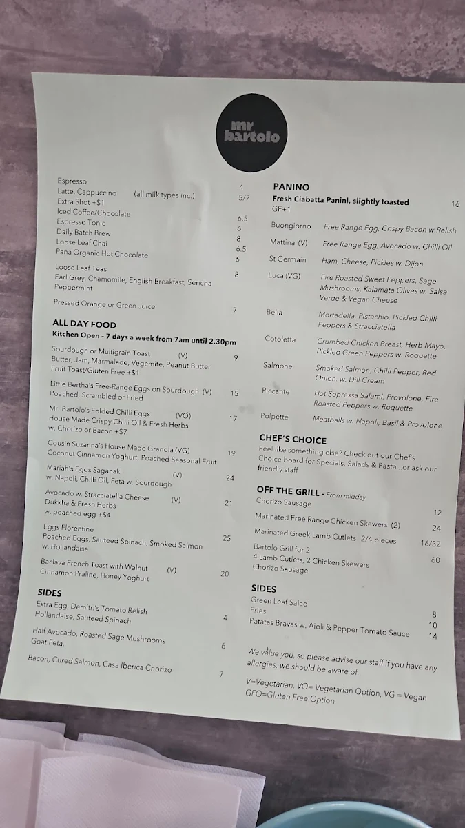 Menu, Mr Bartolo Richmond