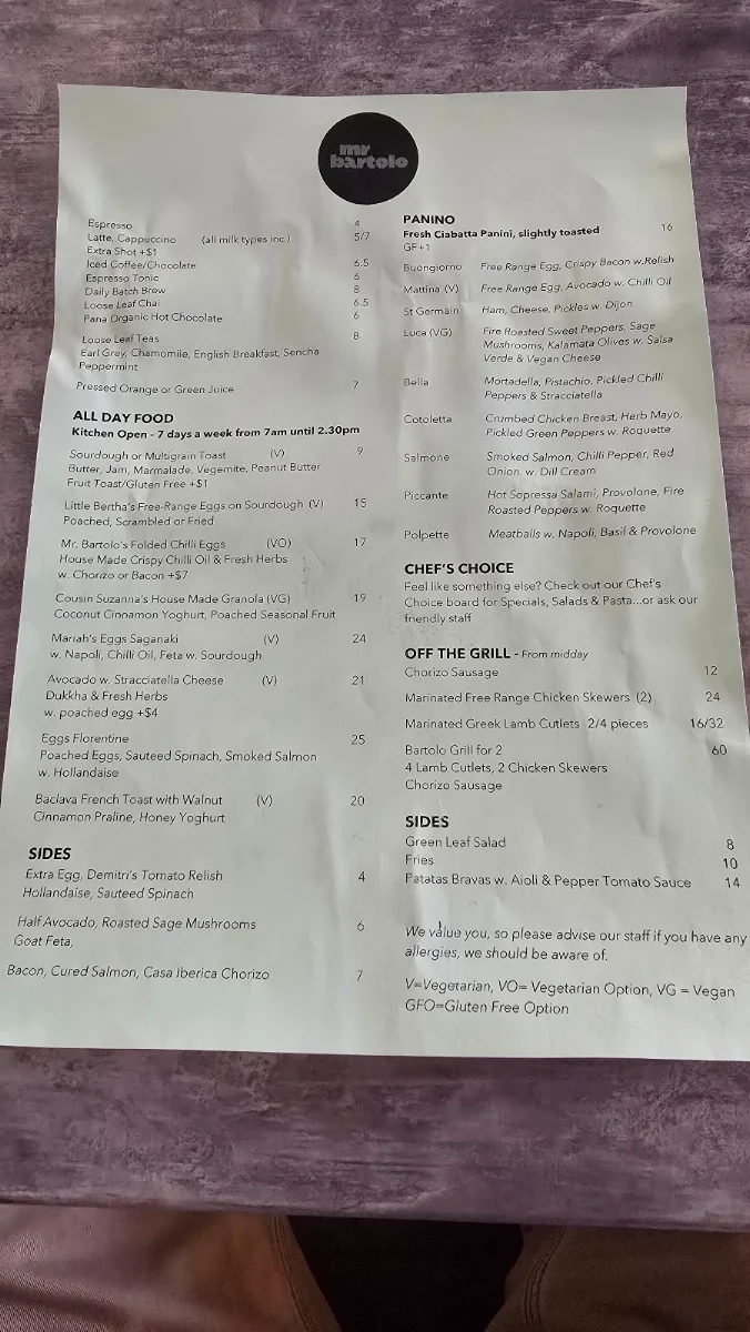 Menu, Mr Bartolo Richmond