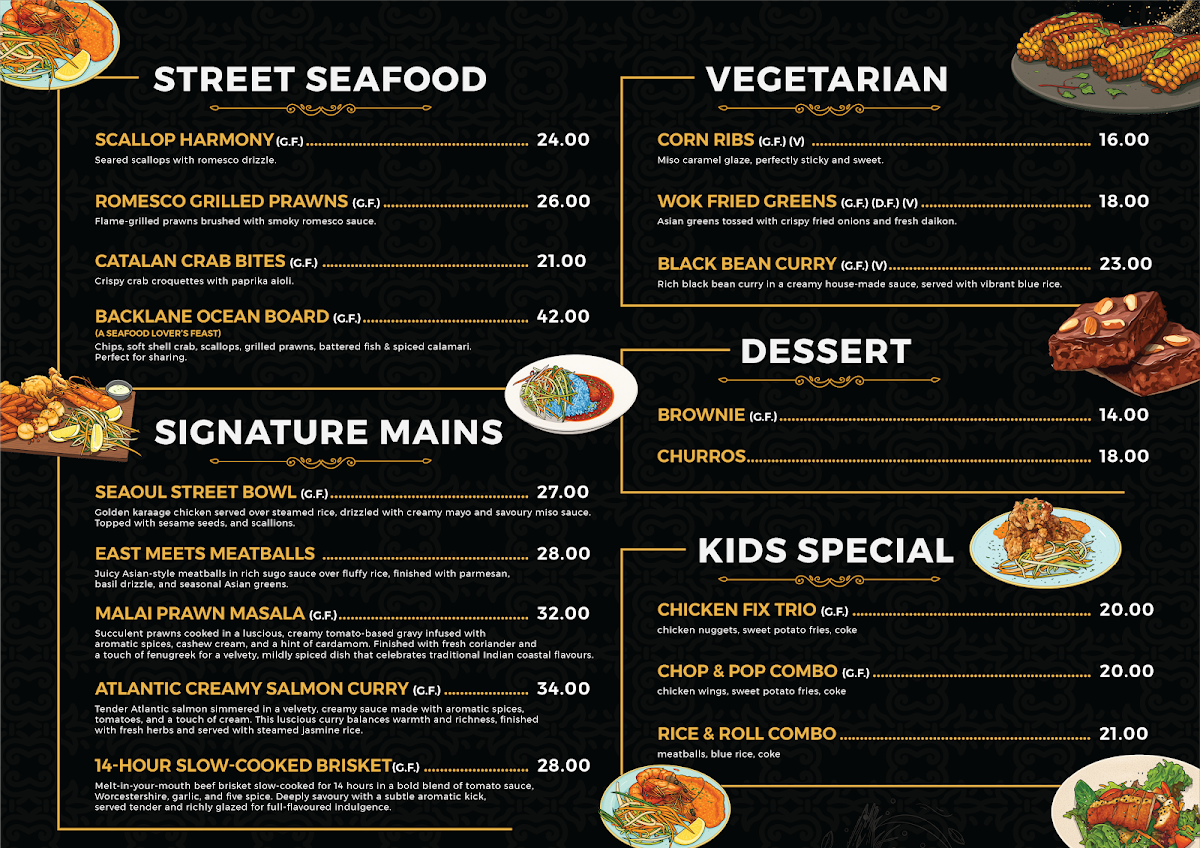 Menu, Backlane Bar and Street Food