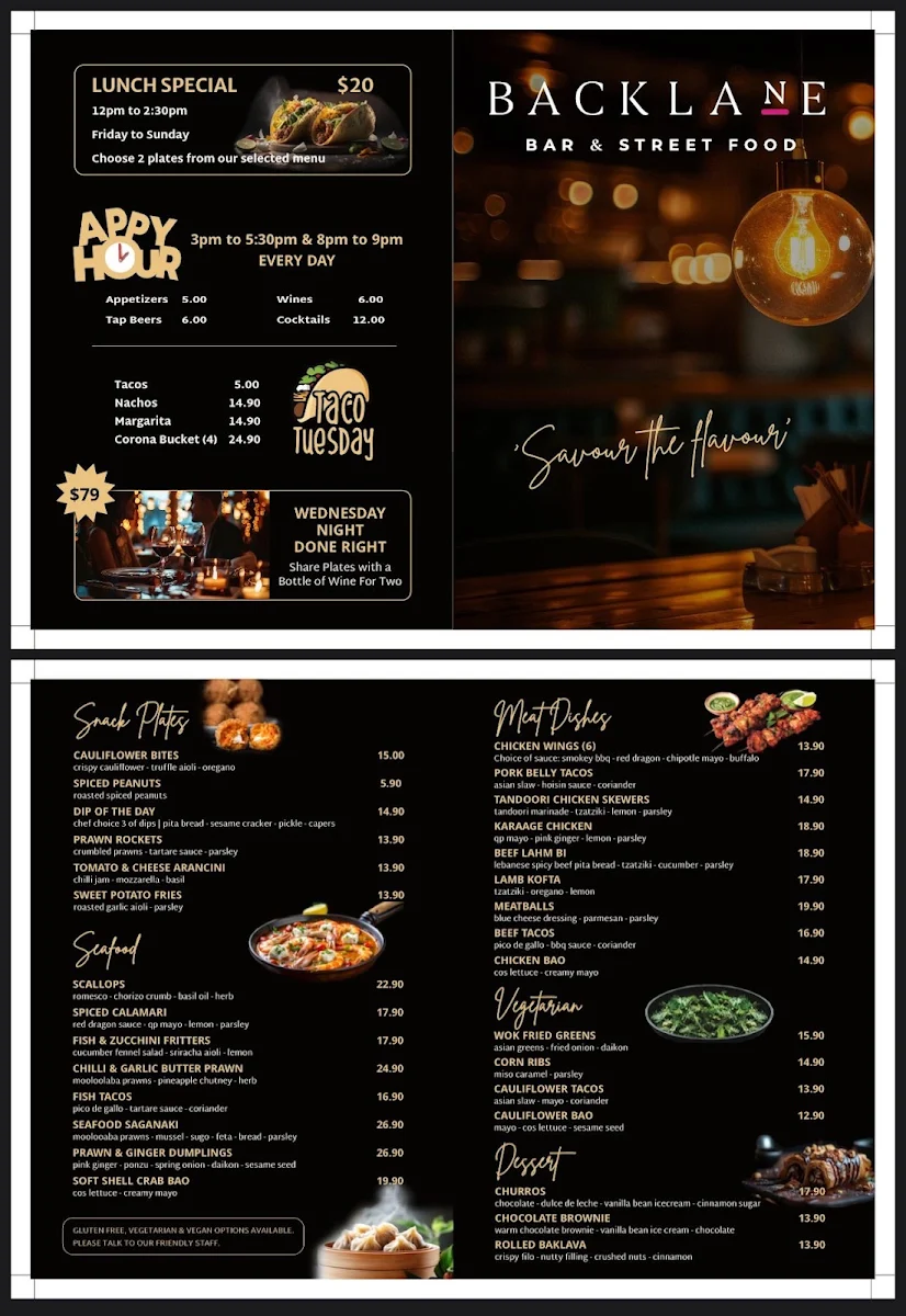 Menu, Backlane Bar and Street Food