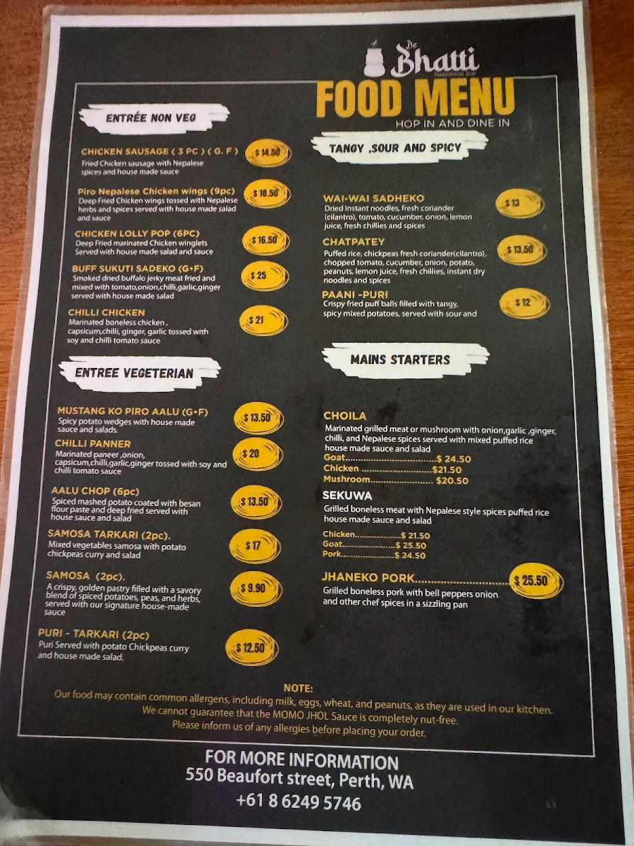 Menu, De Bhatti