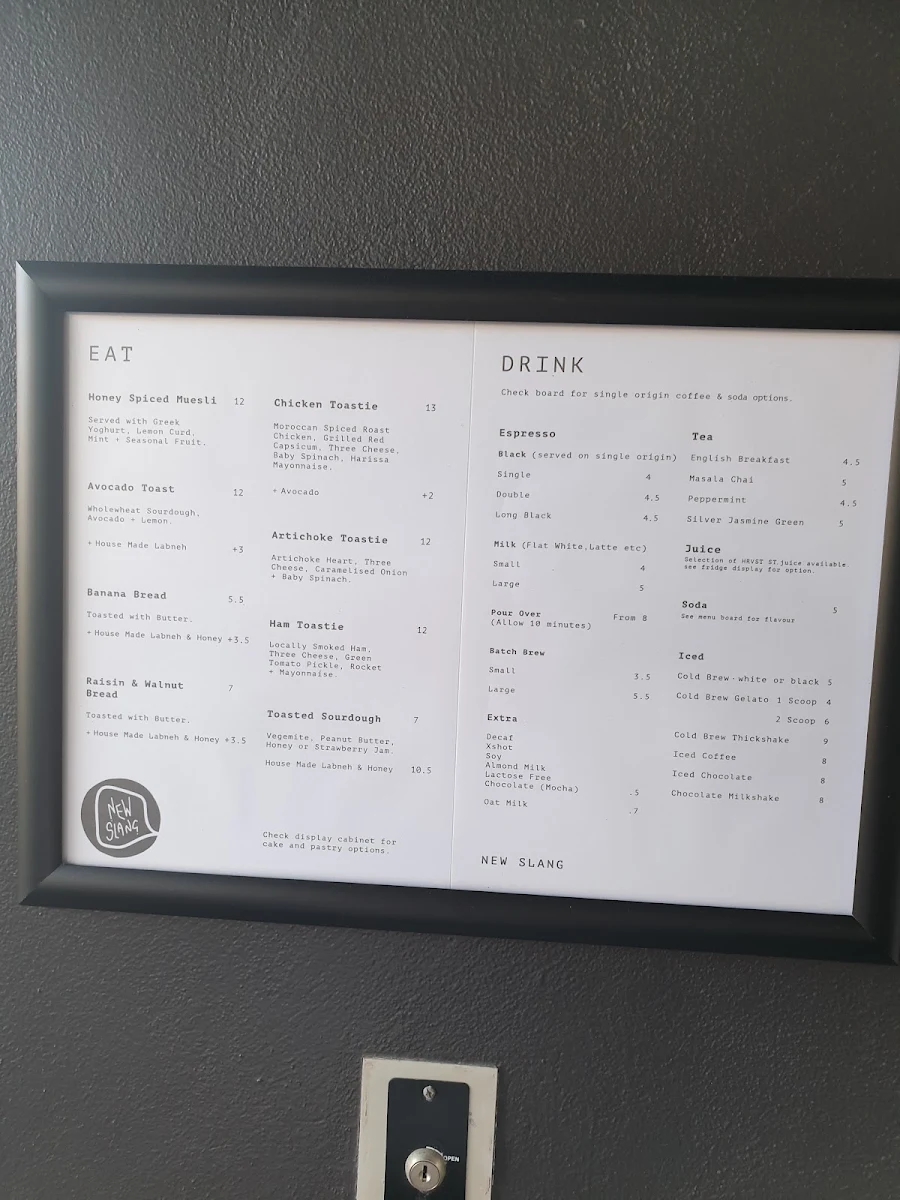 Menu, New Slang Coffee Brewers