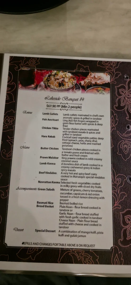 Menu, Maharaja's Lakeside Restaurant