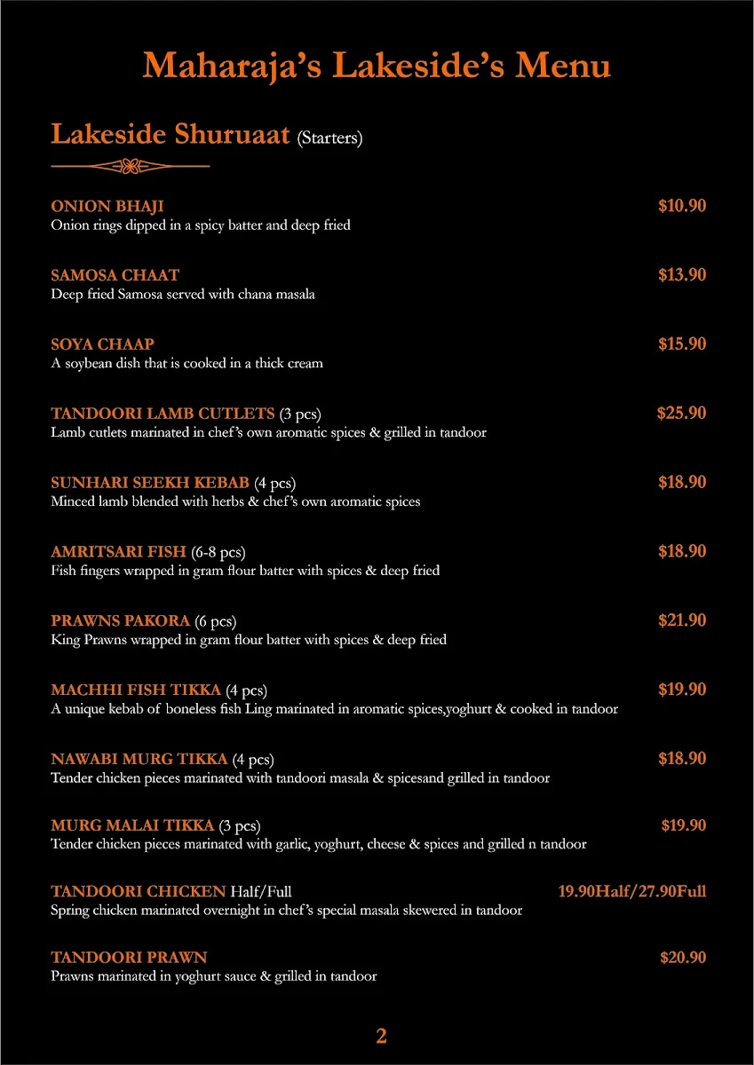 Menu, Maharaja's Lakeside Restaurant
