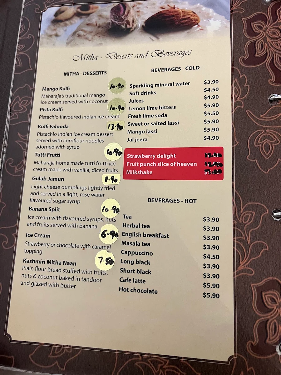 Menu, Maharaja's Lakeside Restaurant