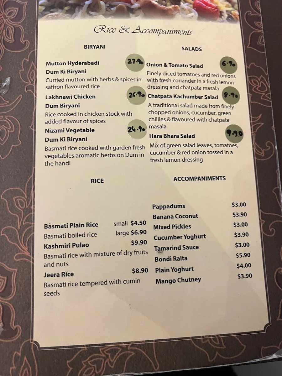 Menu, Maharaja's Lakeside Restaurant