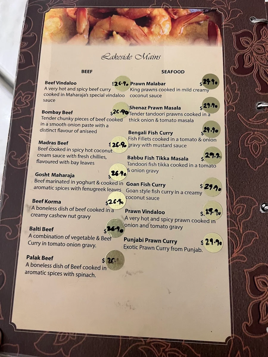 Menu, Maharaja's Lakeside Restaurant