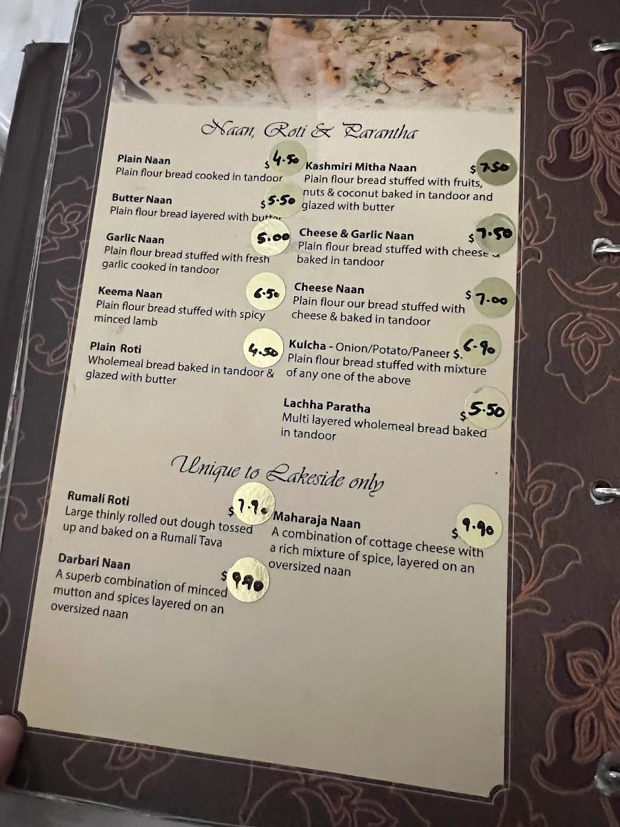 Menu, Maharaja's Lakeside Restaurant
