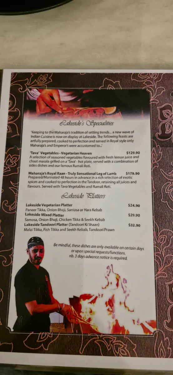 Menu, Maharaja's Lakeside Restaurant