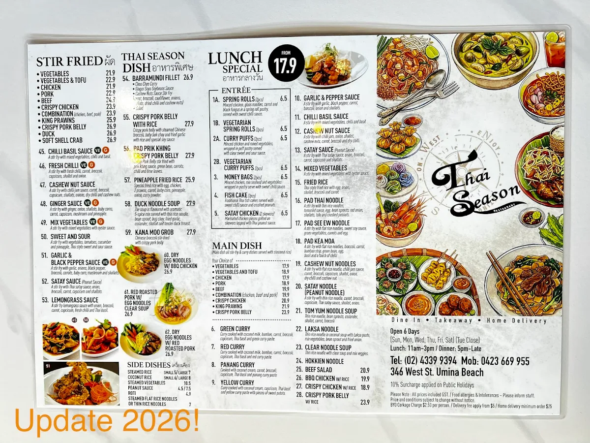 Menu, Thai Season Restaurant in Umina Beach