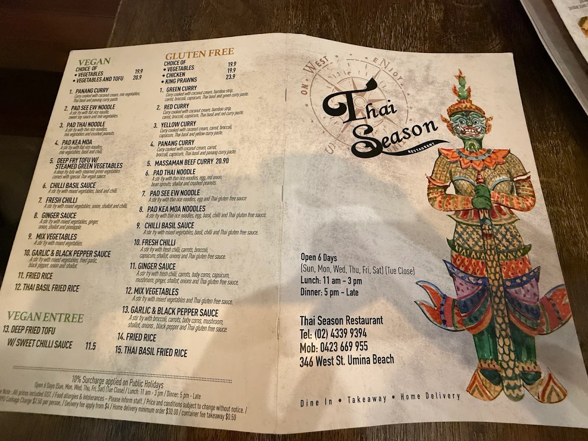 Menu, Thai Season Restaurant in Umina Beach