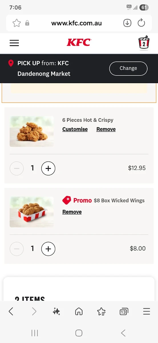 Menu, KFC Dandenong Market