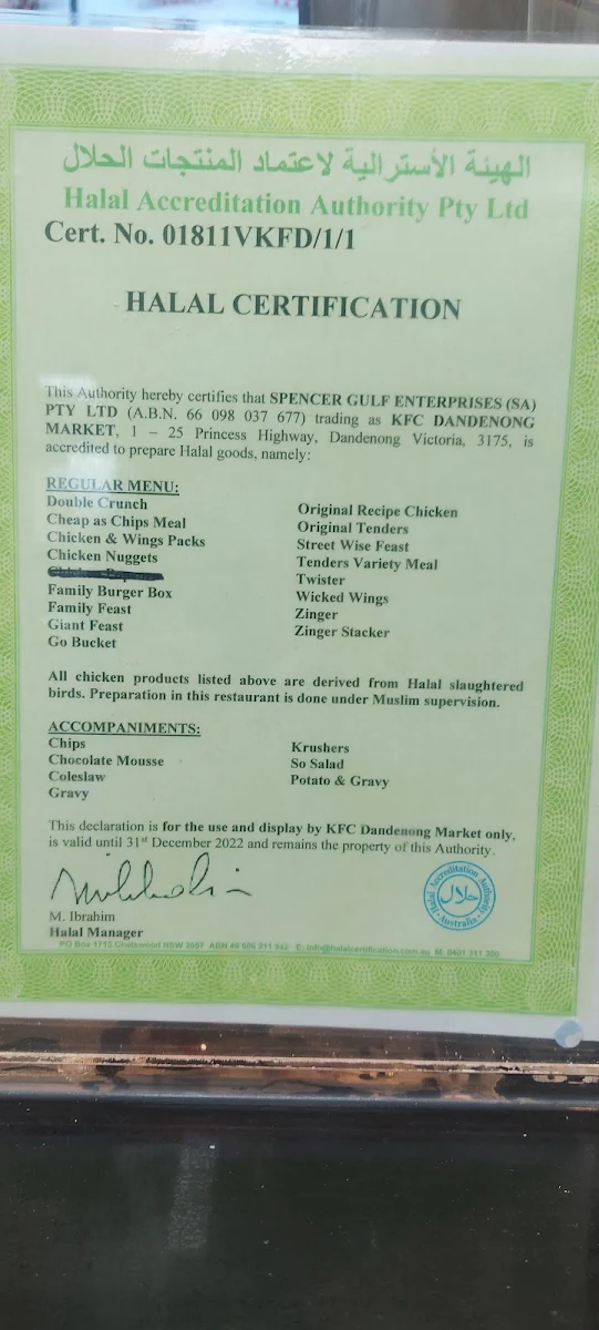 Menu, KFC Dandenong Market