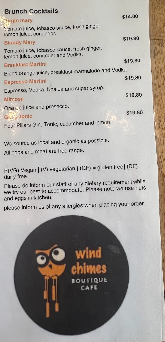 Menu, Cafe Windchimes