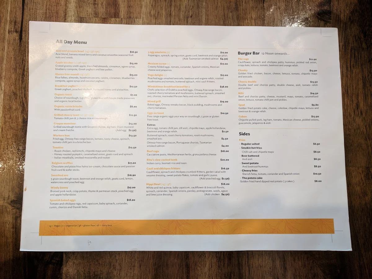 Menu, Cafe Windchimes
