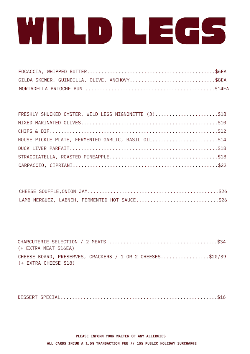 Menu, Wild Legs Wine Room