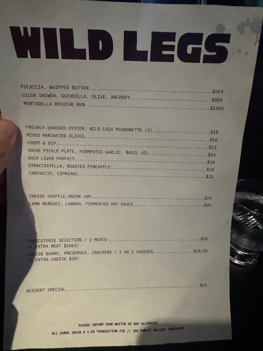 Menu, Wild Legs Wine Room