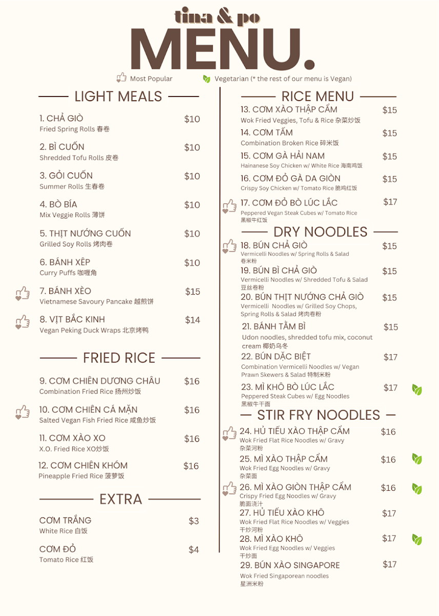 Menu, Tina & Po