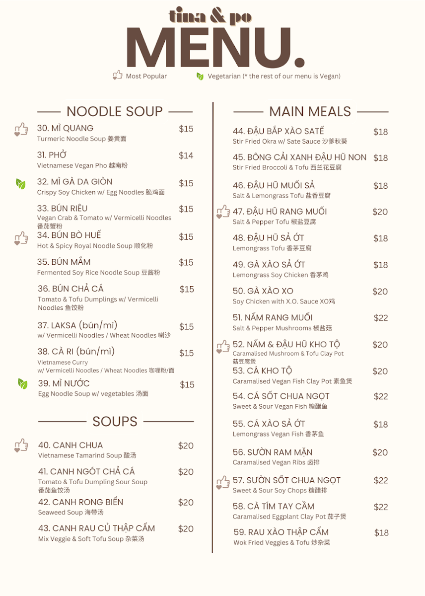 Menu, Tina & Po