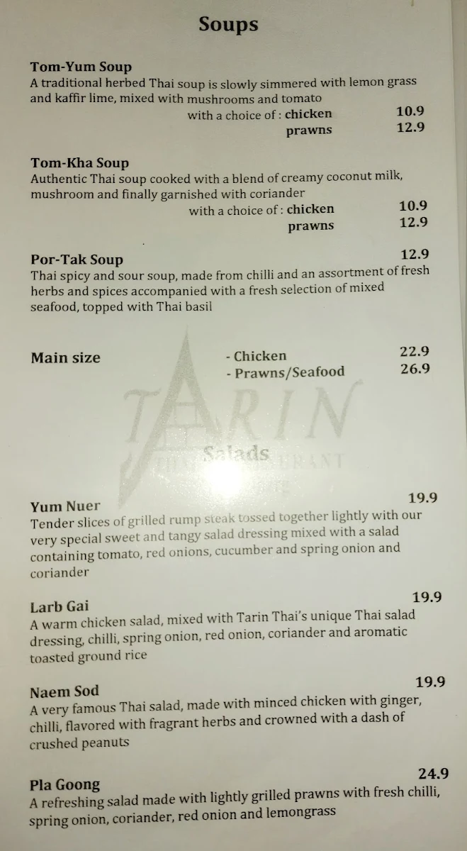 Menu, Tarin Thai Restaurant Heidelberg