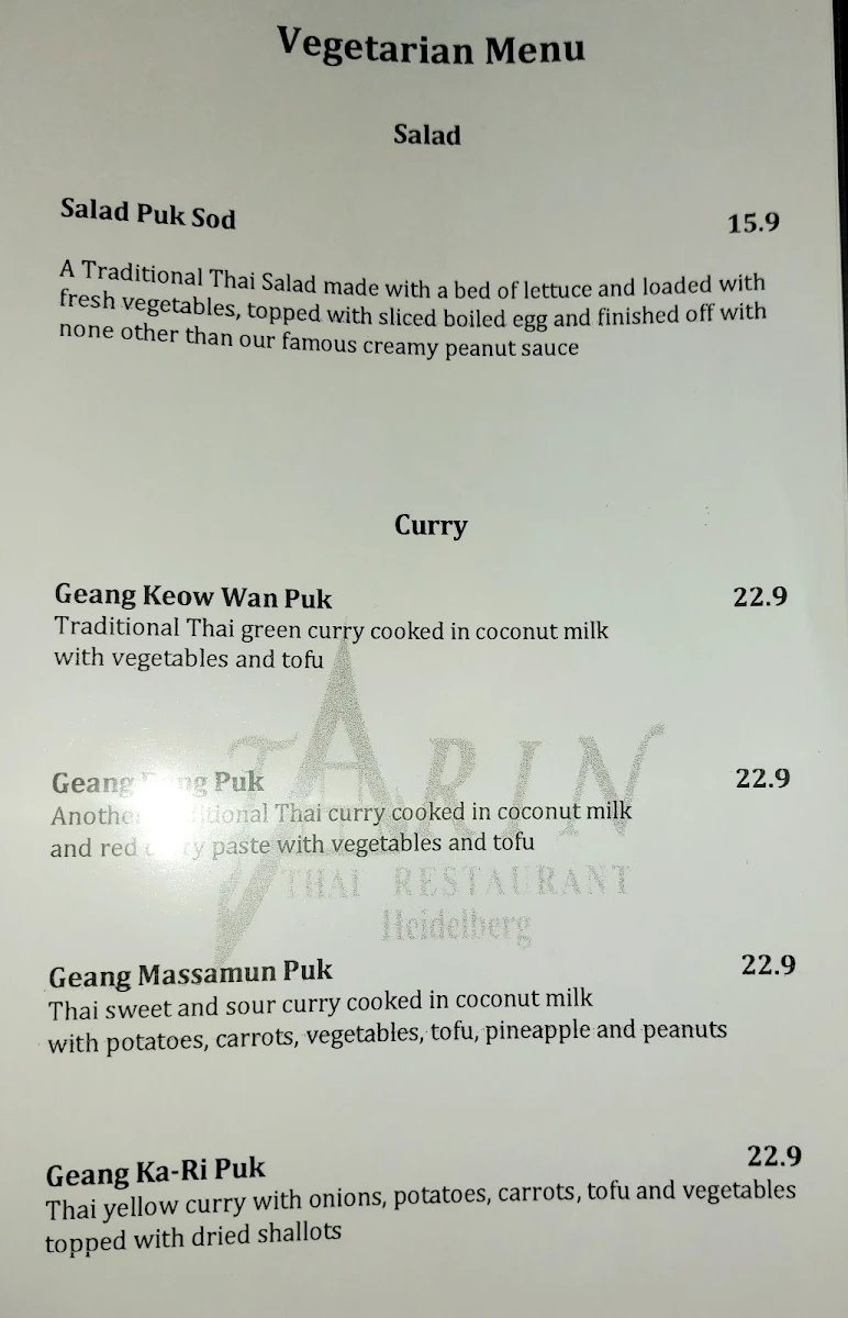 Menu, Tarin Thai Restaurant Heidelberg