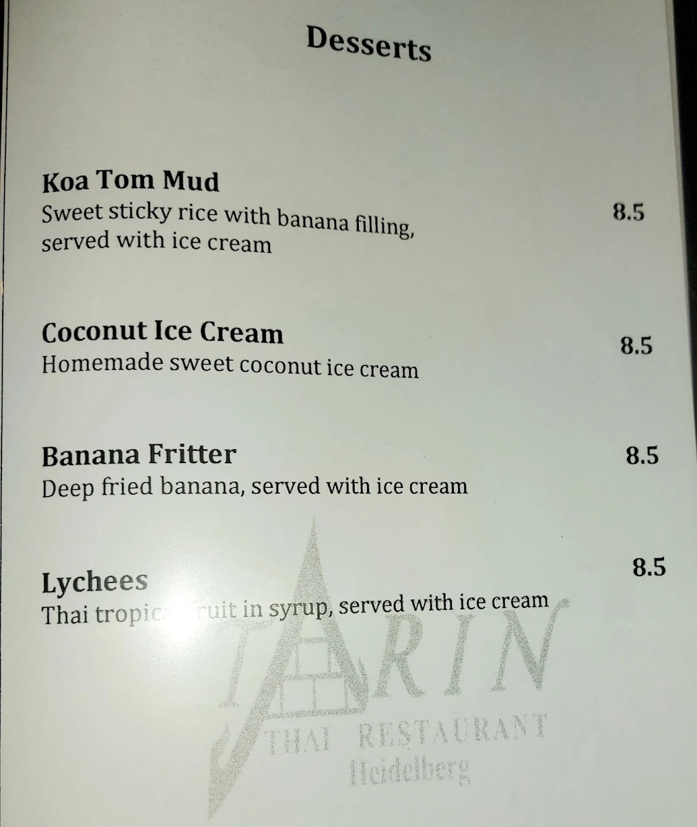 Menu, Tarin Thai Restaurant Heidelberg