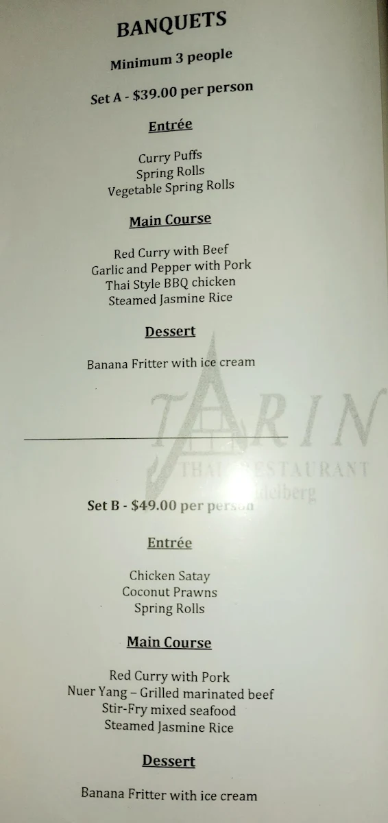 Menu, Tarin Thai Restaurant Heidelberg