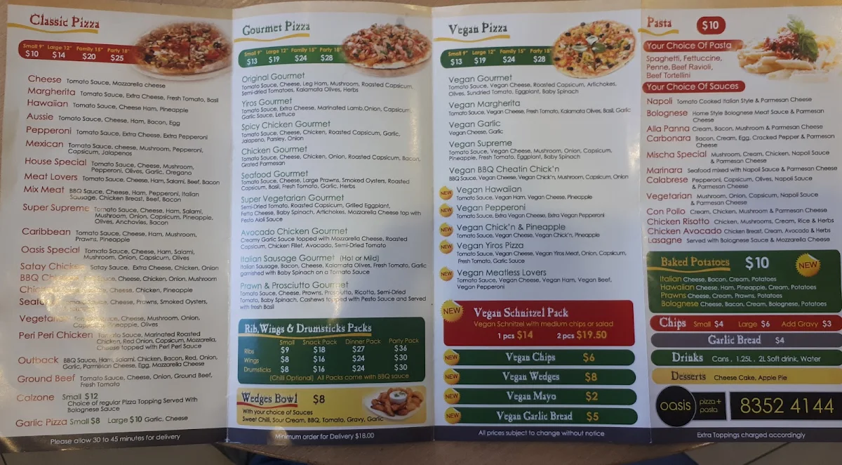 Menu, Oasis Pizza and Pasta Brickworks Torrensville