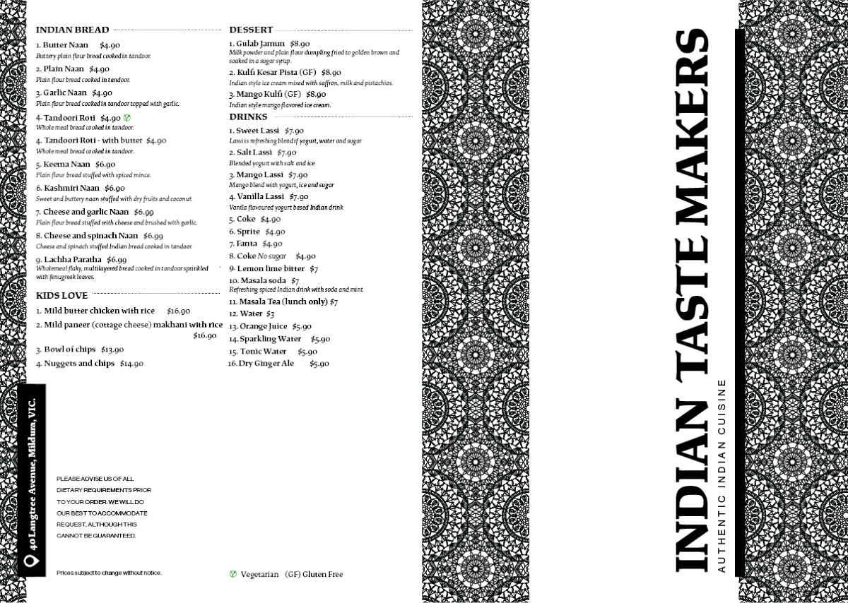 Menu, Indian Taste Makers