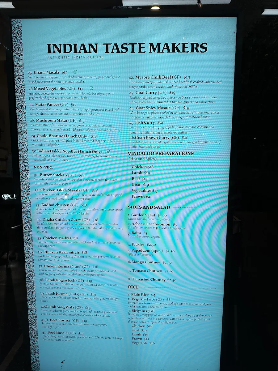 Menu, Indian Taste Makers