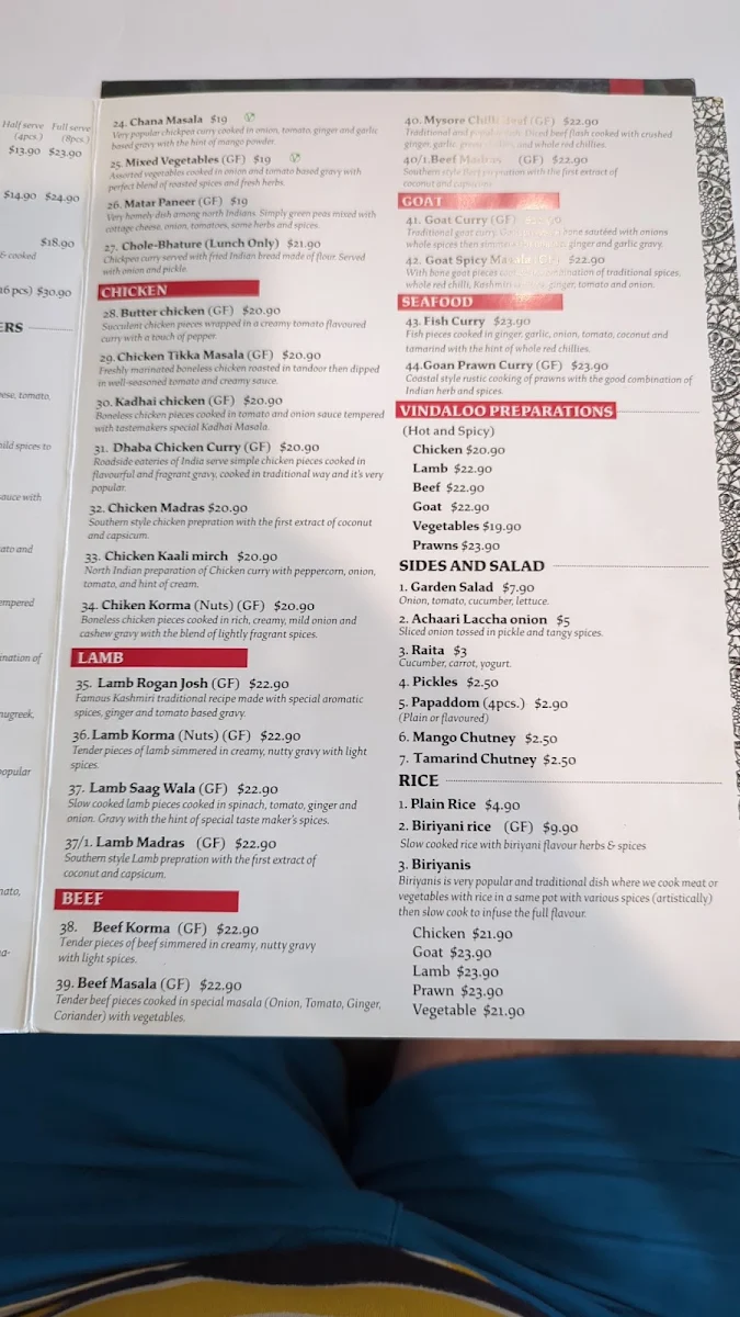 Menu, Indian Taste Makers