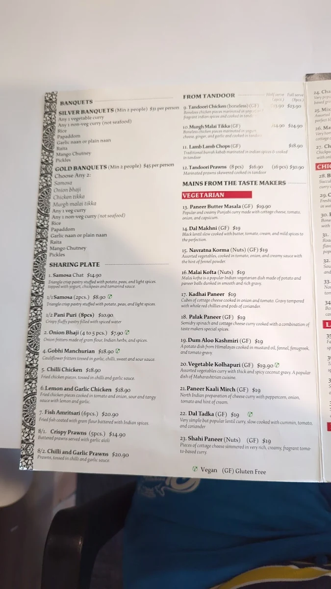 Menu, Indian Taste Makers