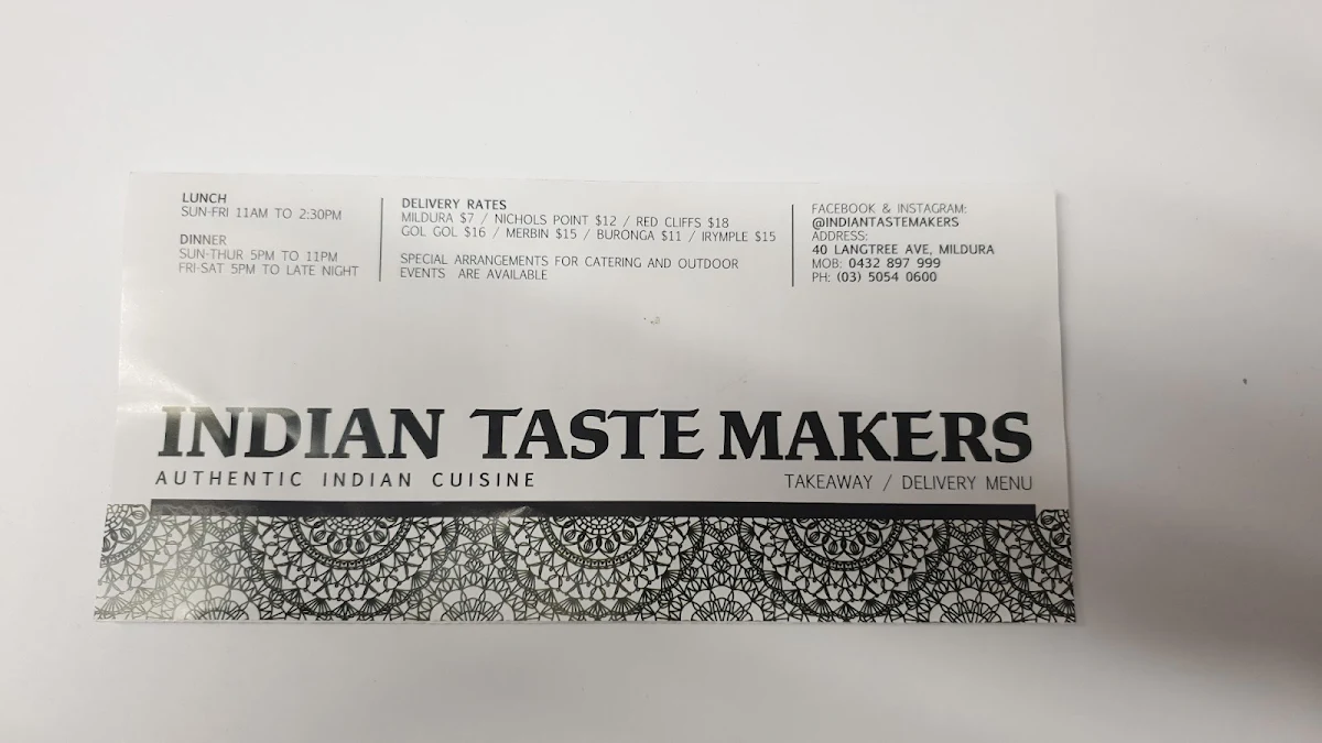 Menu, Indian Taste Makers