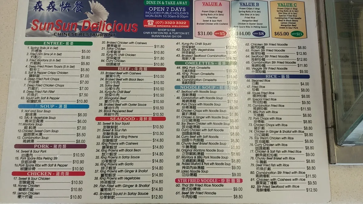 Menu, Sunsun Delicious Chinese Restaurant