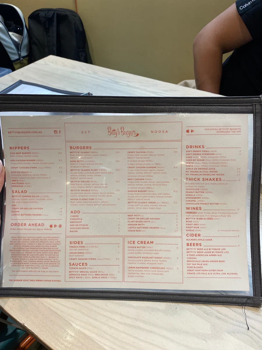 Menu, Betty's Burgers