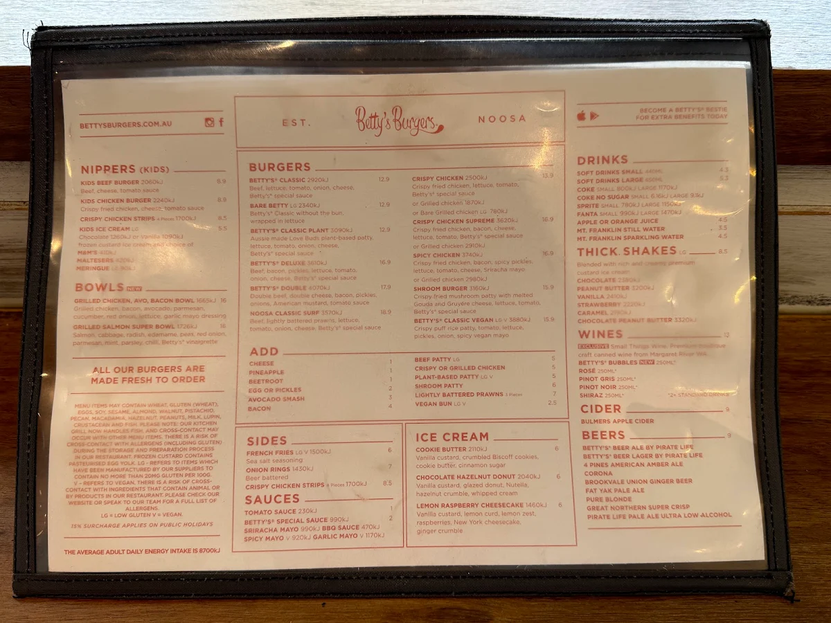 Menu, Betty's Burgers