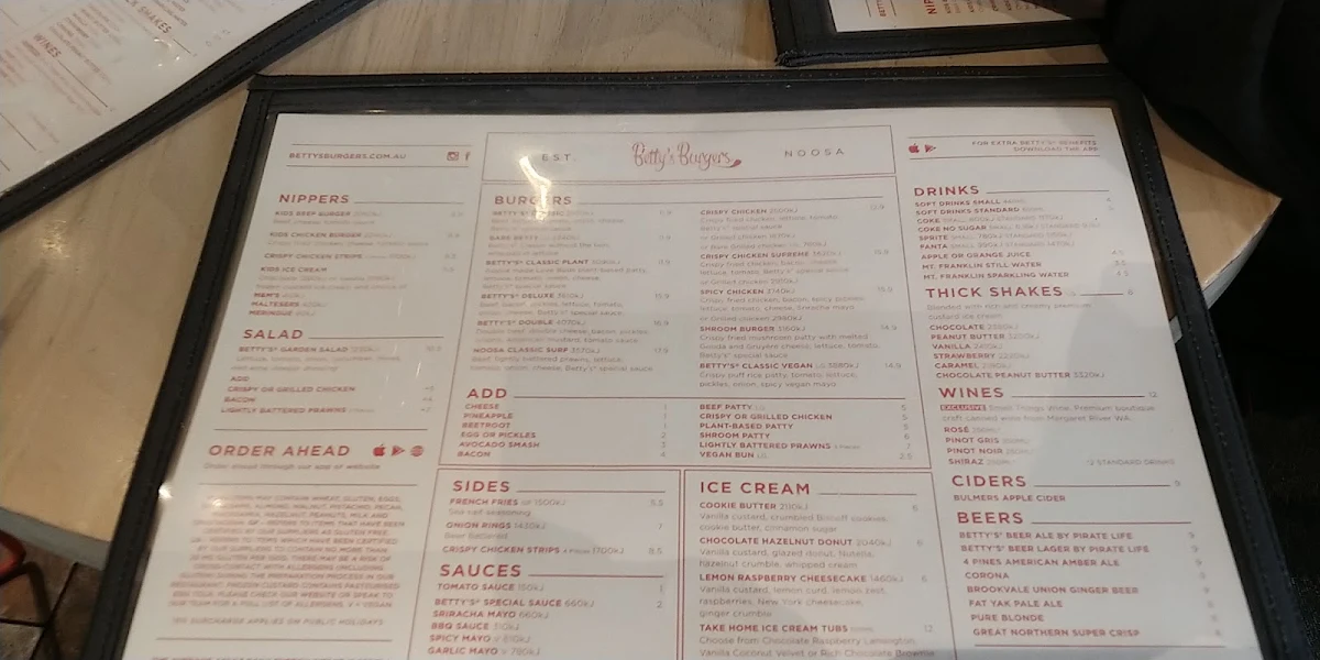 Menu, Betty's Burgers