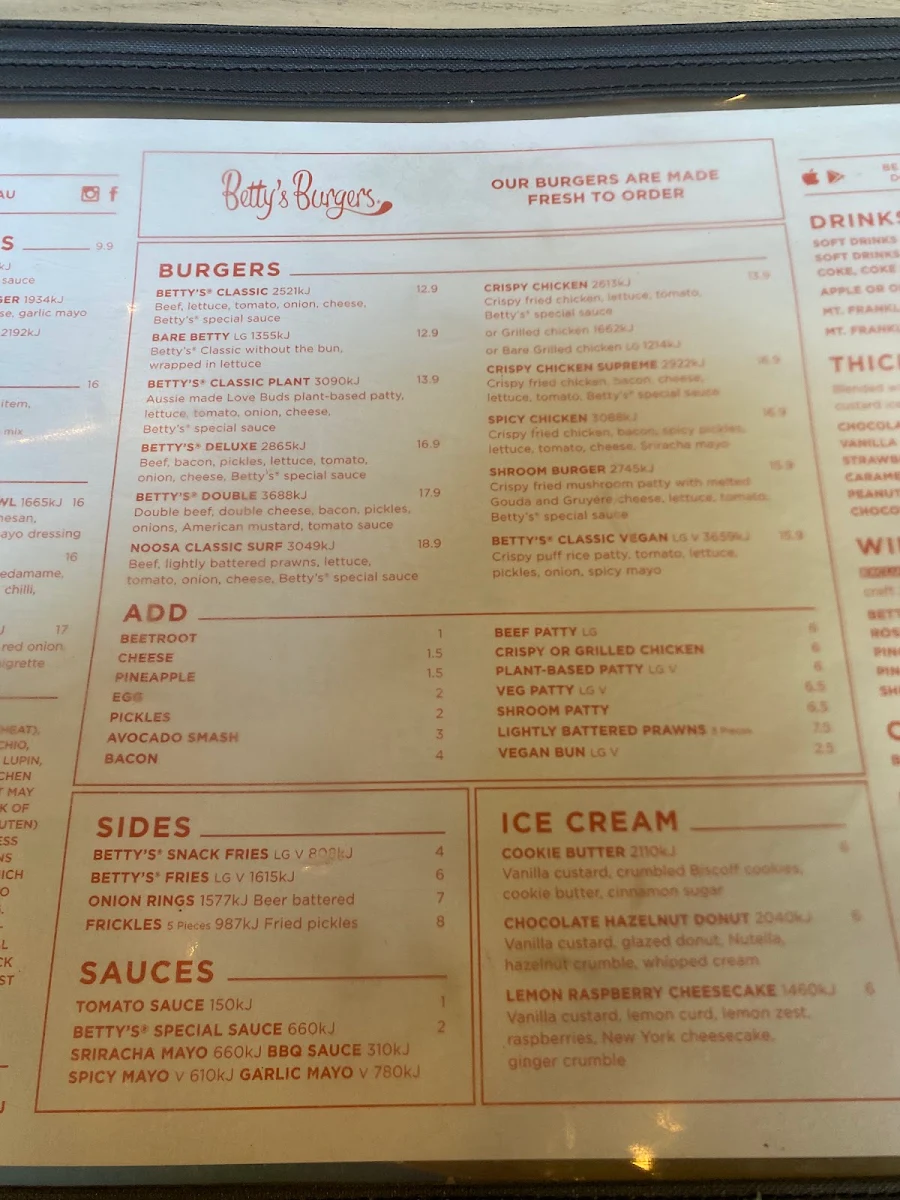 Menu, Betty's Burgers