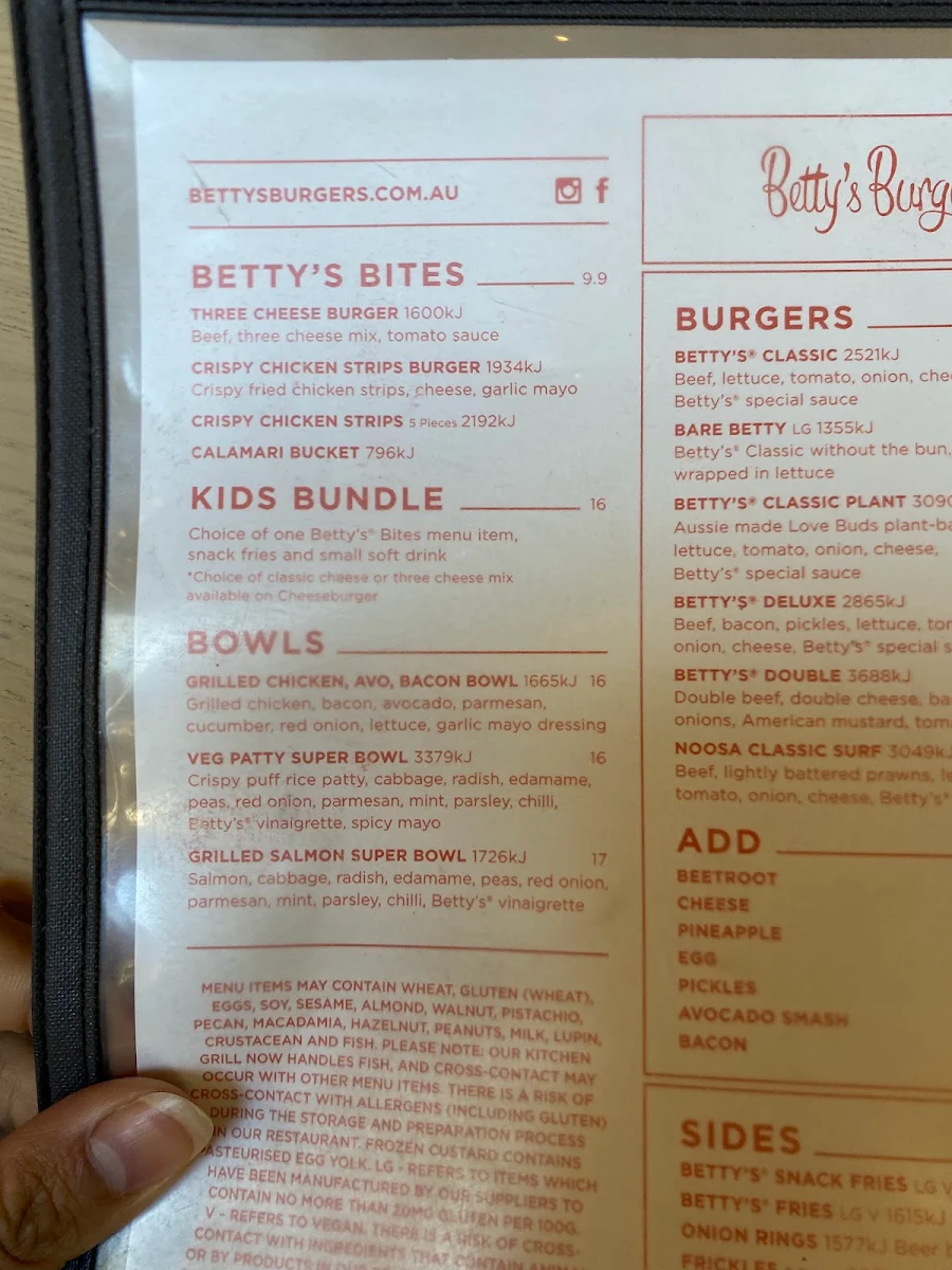 Menu, Betty's Burgers