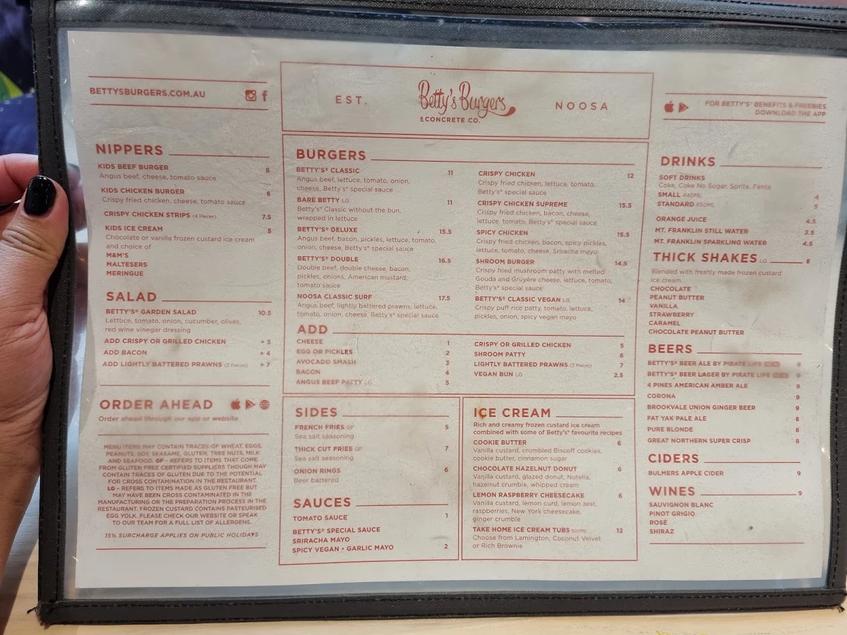 Menu, Betty's Burgers