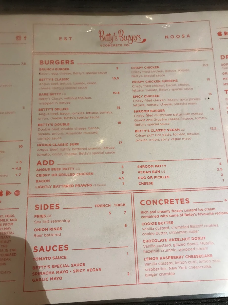 Menu, Betty's Burgers