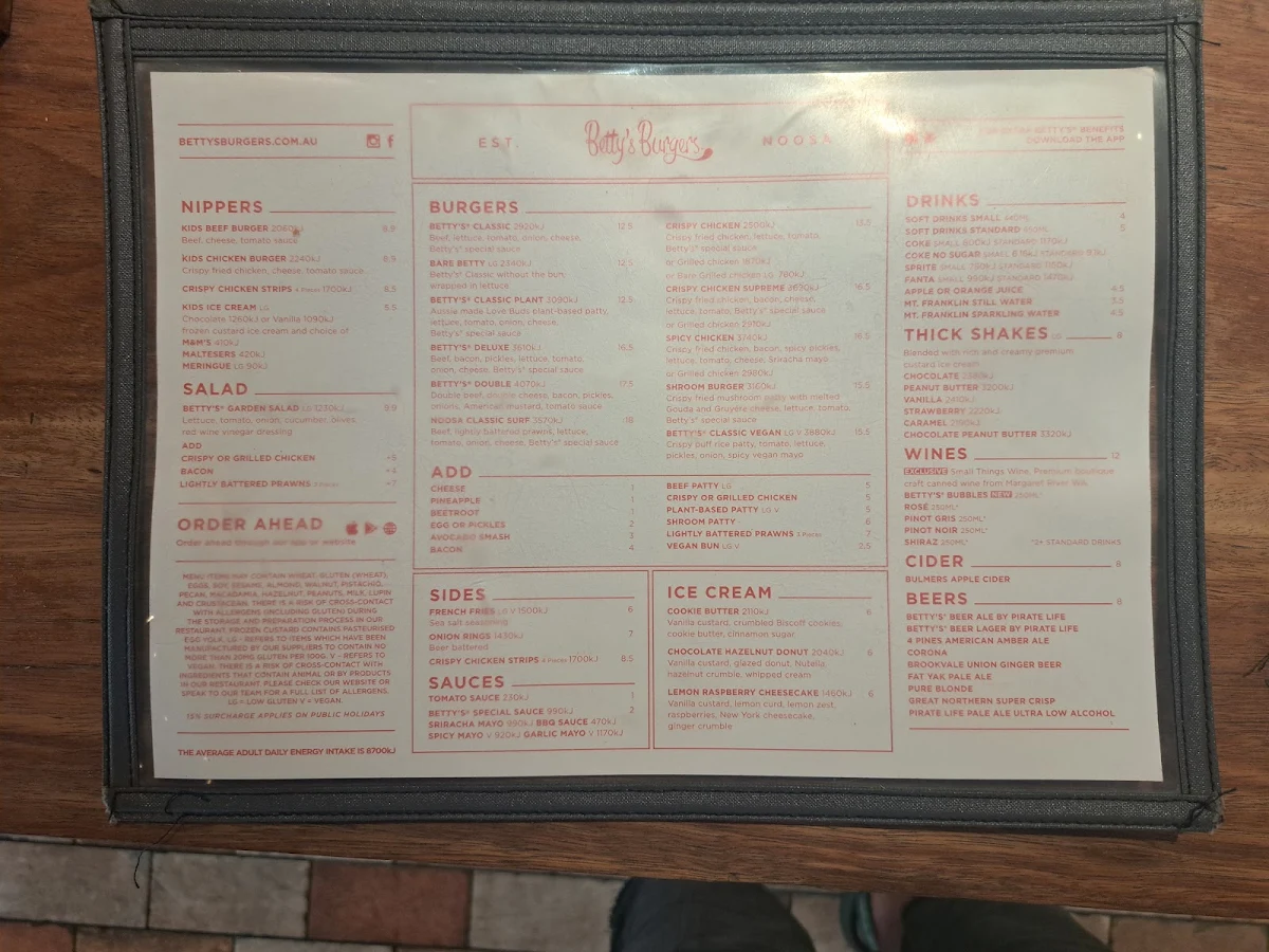Menu, Betty's Burgers