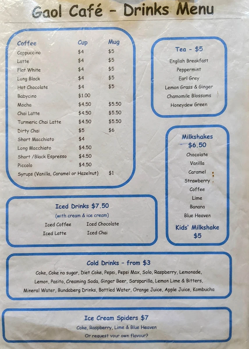 Menu, Gaol Cafe