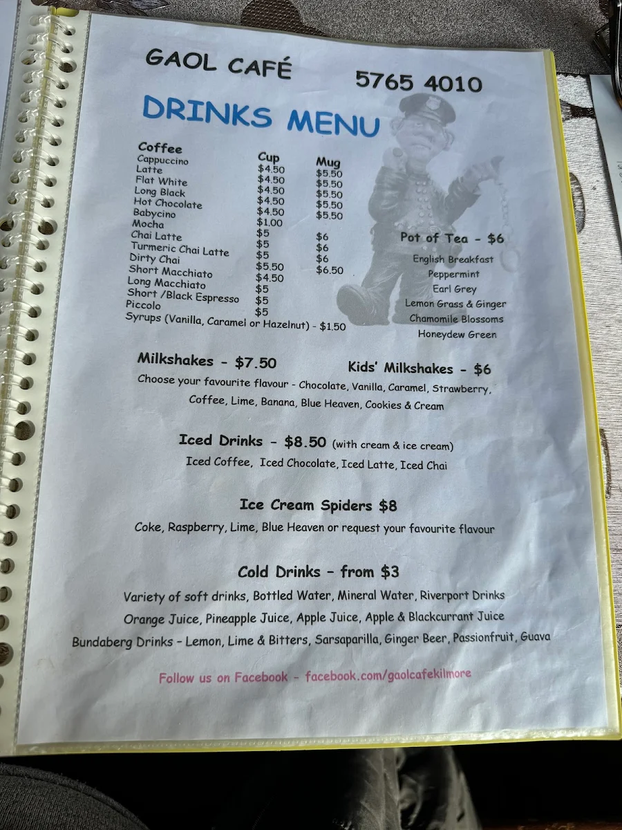 Menu, Gaol Cafe