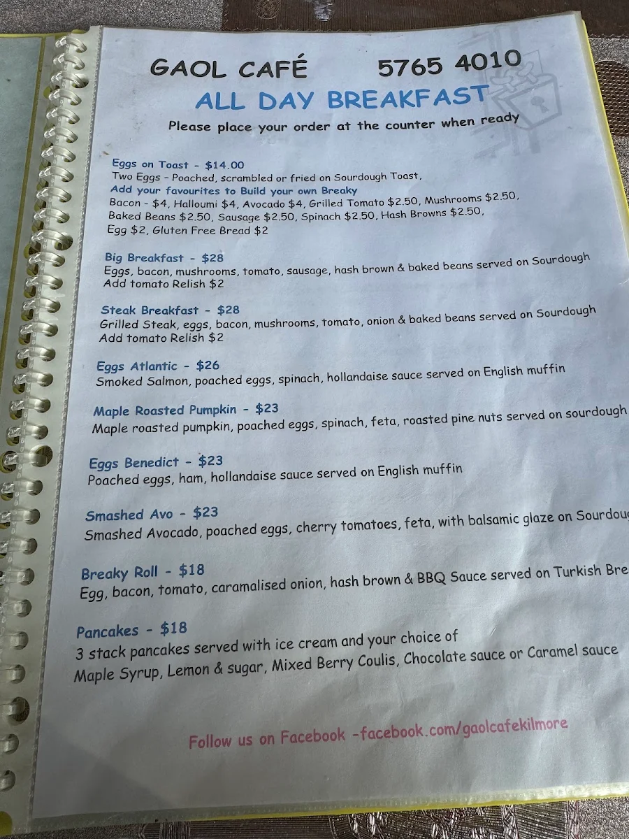 Menu, Gaol Cafe