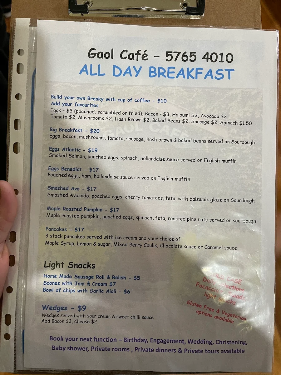 Menu, Gaol Cafe